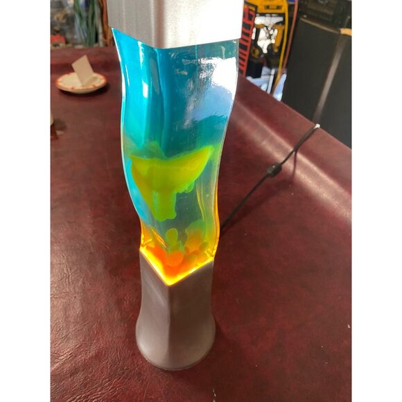 Vintage Lava Lamp Blue Green Yellow Teal Silver Base & Cap Sleek Wave Design - Picture 3 of 12